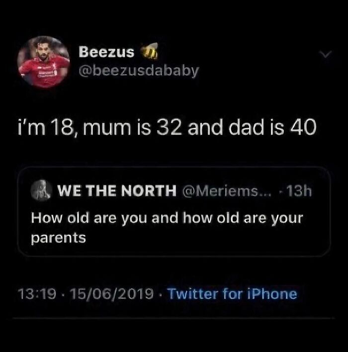 Twitter conversation showing a cringey answer about ages of a person and their parents on a social media post.