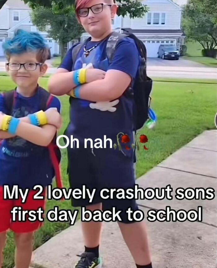 Two boys posing with crossed arms on first day of school in a cringey picture shared on Instagram account.