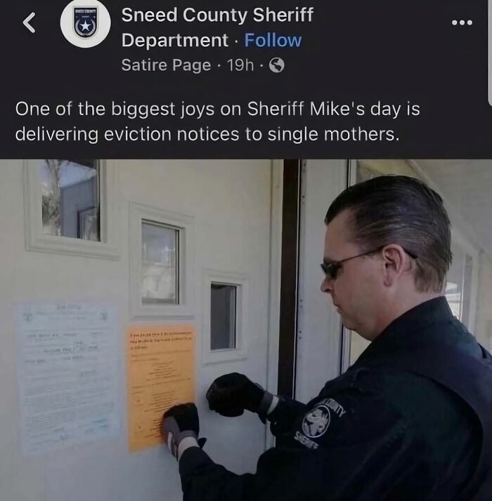 Sheriff delivering eviction notice to a door, featured in a cringey pictures Instagram account post.