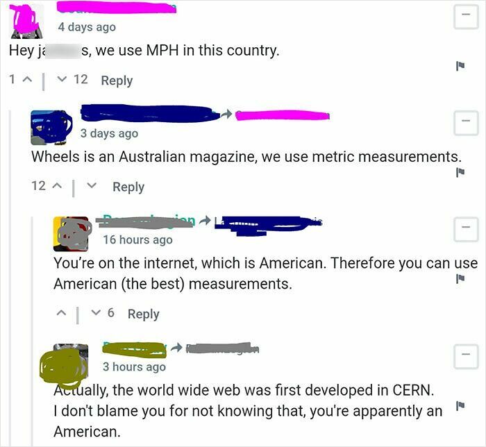 Screenshot of an online argument about measurement systems showing people struggling with basic facts and logic.