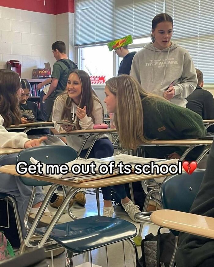 Students chatting and laughing in a classroom, with text overlay referencing cringey pictures from an Instagram account.