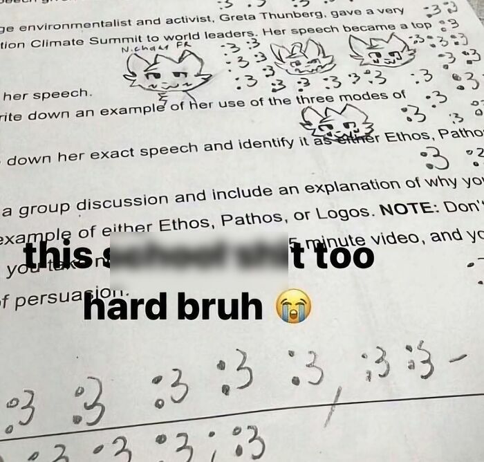 Handwritten cringey drawings and text on a school paper with a caption expressing difficulty, shared on a cringey Instagram account.