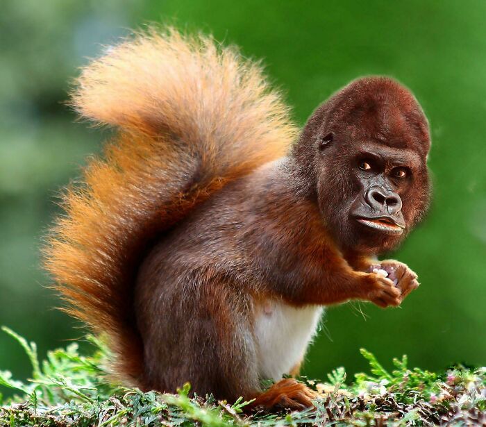 A humorous Photoshop creation blending a squirrel's body with a gorilla's face showcasing hilarious Photoshop skills.