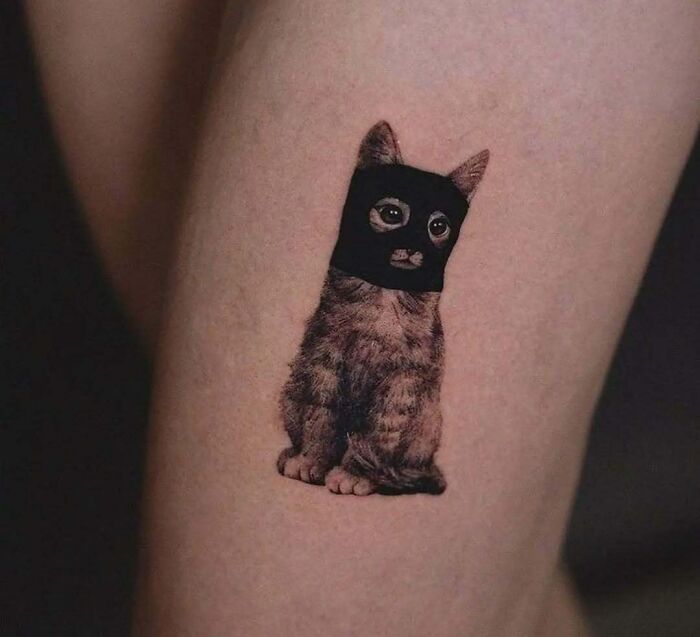 Tatuaje realista de un gato con máscara negra en la pierna, ejemplo de tatuajes creativos y originales en personas.