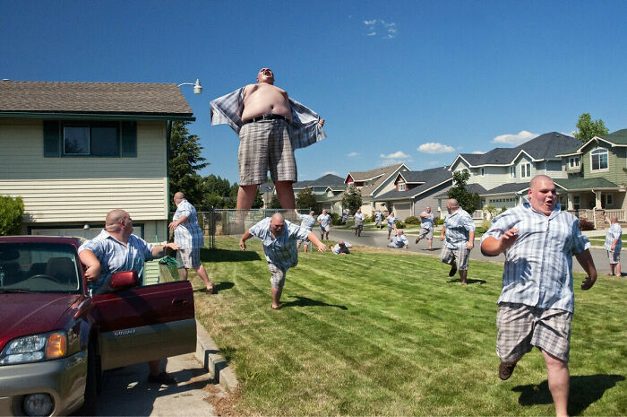 Multiple identical men in plaid outfits running and posing in a suburban neighborhood demonstrating hilarious Photoshop skills.