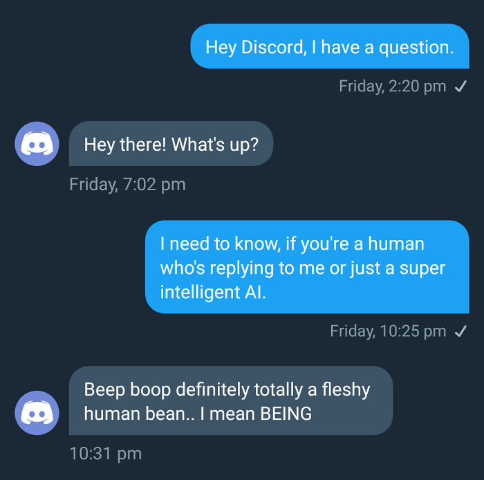 Chat conversation showing a funny tech fail where Discord’s AI humorously claims to be a human being.