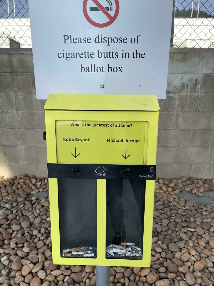 Yellow ballot bin for cigarette butts showing clever ways people solved overlooked issues with a poll on greatest basketball player.