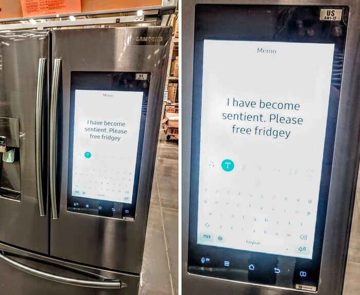 Smart fridge screen displaying a humorous tech fail message about becoming sentient and asking to be freed.