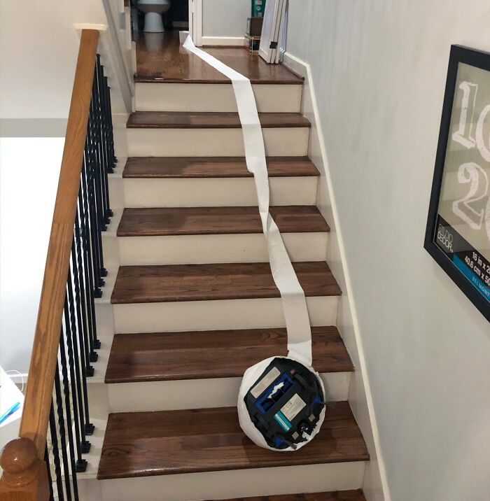 Robot vacuum on stairs leaving a long trail of paper, showcasing one of the hilarious tech fails at home.