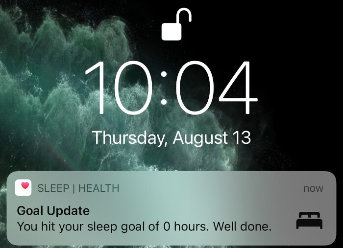 Sleep app on smartphone shows a tech fail with a sleep goal update reporting zero hours achieved.