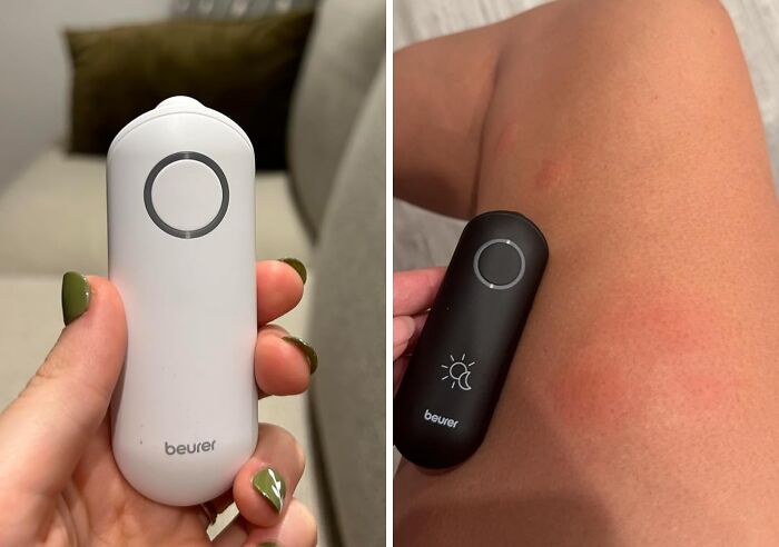 Hand holding white and black Beurer gadget devices, showcasing tech finds from Amazon for personal care and wellness use.