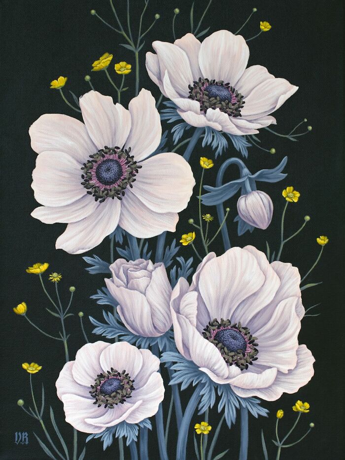 Nature-inspired painting of soft white flowers with yellow accents on dark background by Vasilisa Romanenko