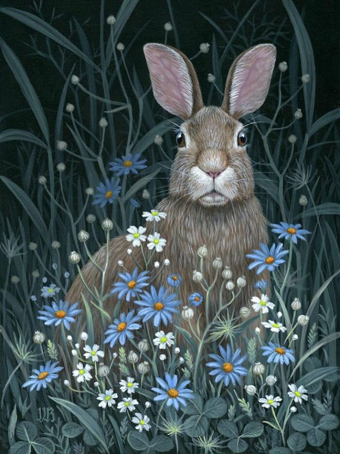 Detailed nature-inspired painting of a rabbit surrounded by blue and white wildflowers in a dark grassy setting.