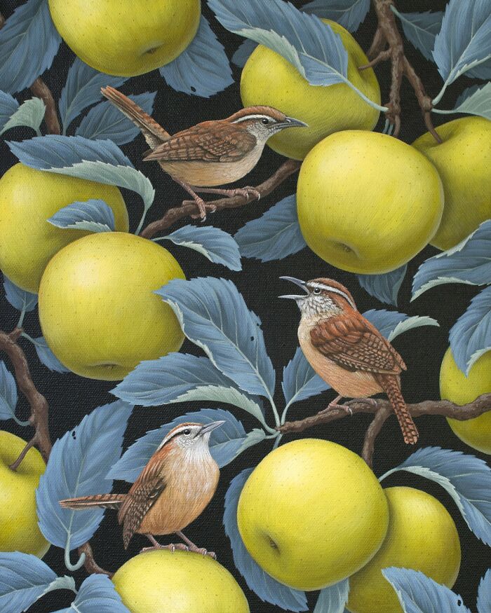 Nature-inspired painting featuring detailed birds perched on branches with yellow apples and blue leaves on a dark background.