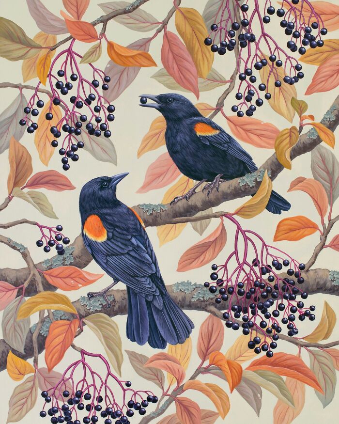 Two black birds with orange patches perched on branches among autumn leaves and clusters of dark berries in nature-inspired painting.