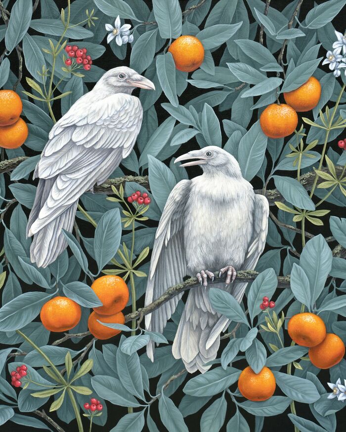 Two white birds perched on branches surrounded by orange fruits and green leaves in nature-inspired paintings by Vasilisa Romanenko
