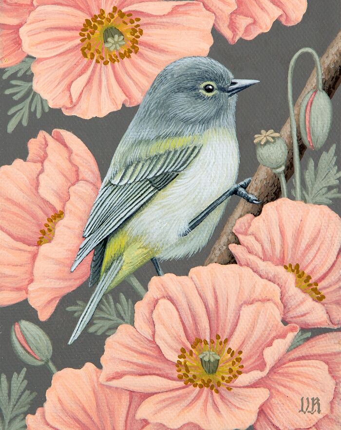 Small bird perched on a branch surrounded by detailed pink flowers in a nature-inspired painting by Vasilisa Romanenko