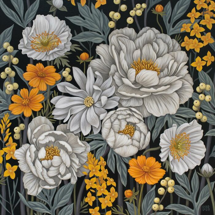 Detailed nature-inspired floral painting by Vasilisa Romanenko featuring white and orange flowers on dark background
