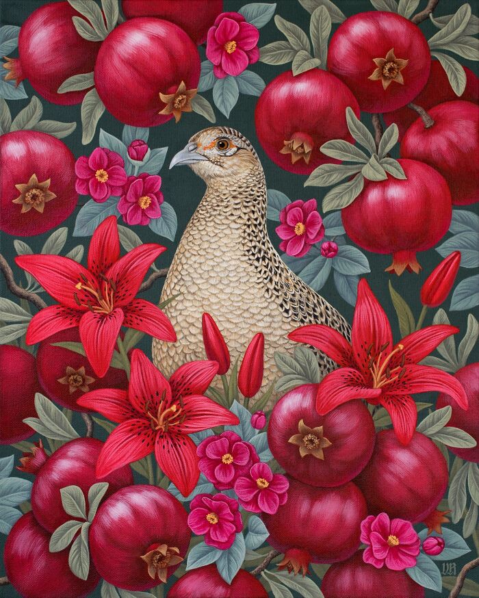 Nature-inspired painting of a detailed bird surrounded by vibrant red flowers and ripe pomegranates by Vasilisa Romanenko