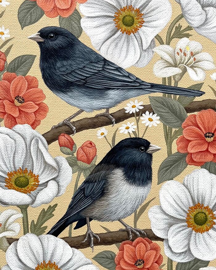 Two detailed nature-inspired paintings of black and white birds perched on branches surrounded by white and orange flowers.