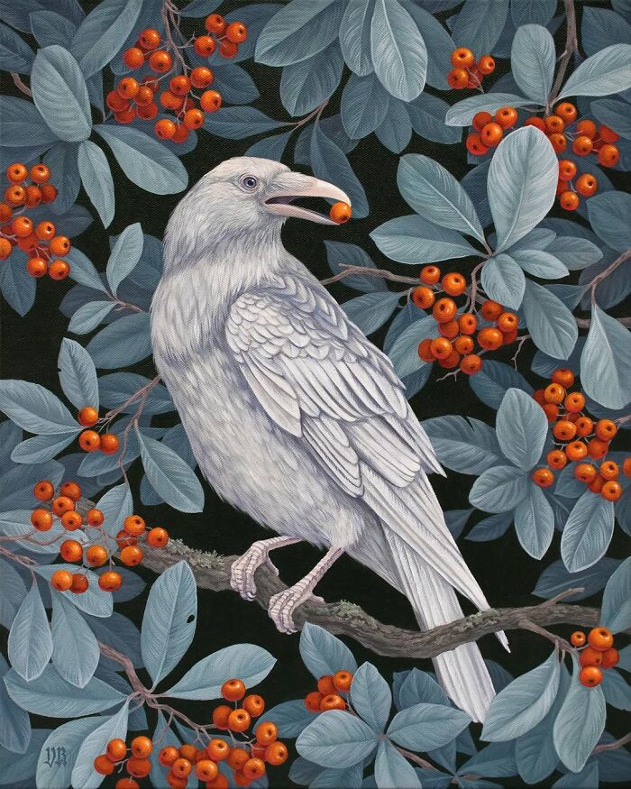 White bird holding a berry among blue leaves and orange berries in a nature-inspired painting by Vasilisa Romanenko.