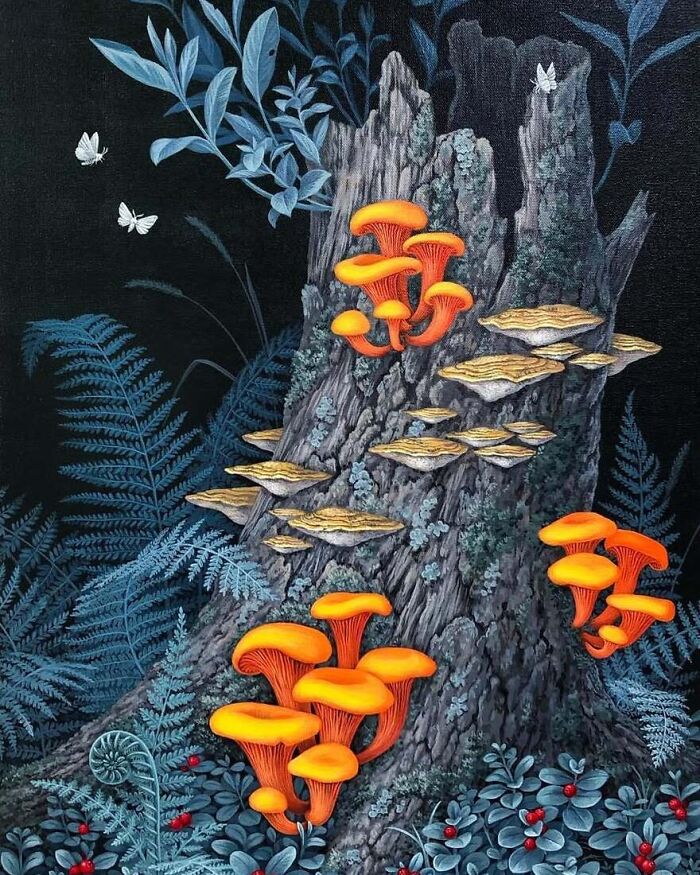 Nature-inspired painting of vibrant orange mushrooms growing on an old tree stump surrounded by blue foliage and butterflies.