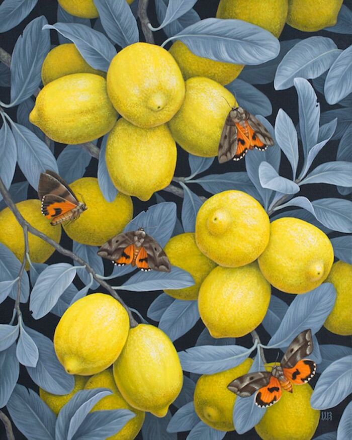 Yellow lemons and blue leaves with detailed butterflies in a beautiful nature-inspired painting by Vasilisa Romanenko.