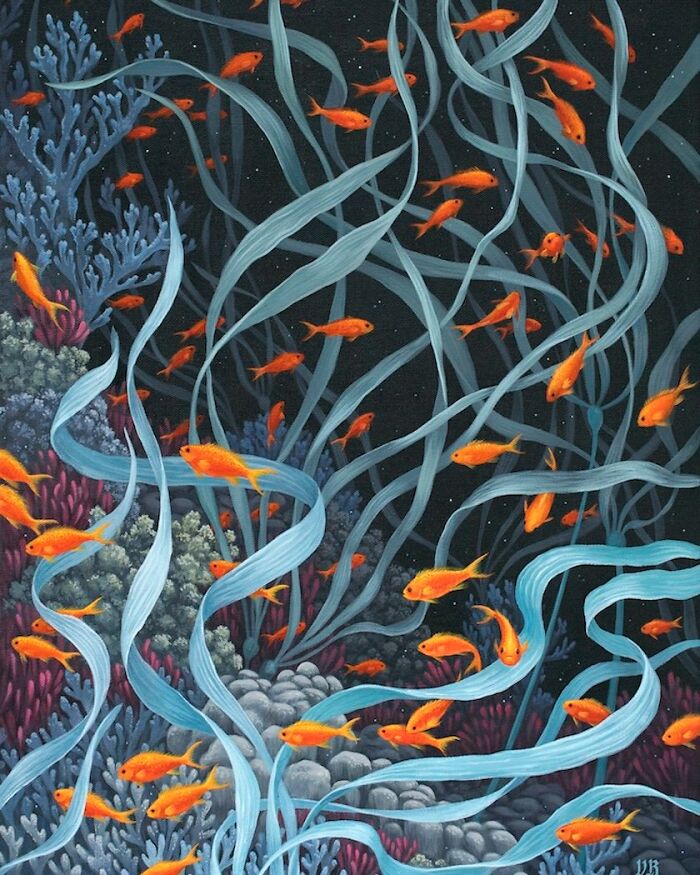 Nature-inspired painting of bright orange fish swimming through blue seaweed in an underwater scene by Vasilisa Romanenko