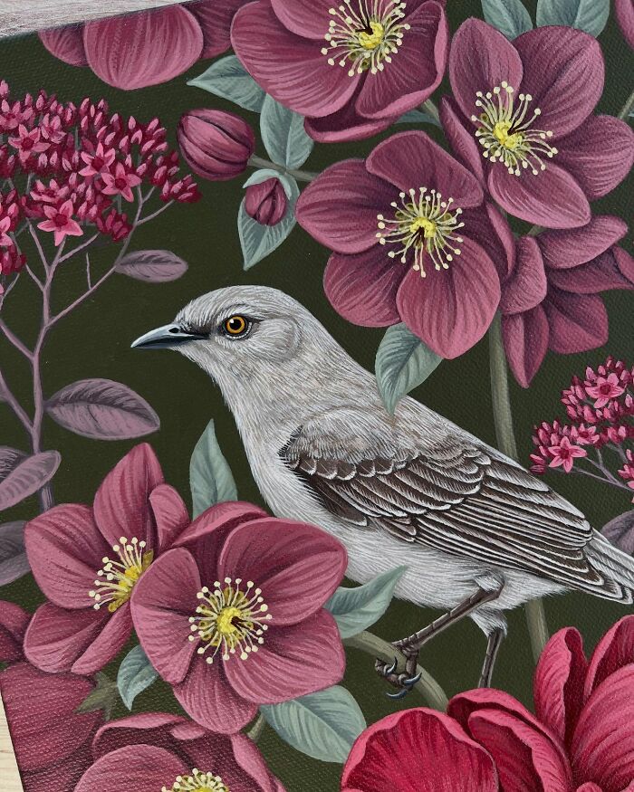 Detailed nature-inspired painting of a bird surrounded by vibrant pink flowers and green leaves by Vasilisa Romanenko