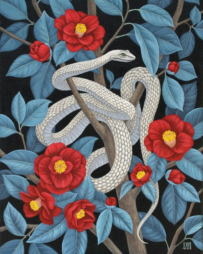 White snake coiled around tree branches with blue leaves and vibrant red flowers in nature-inspired painting.