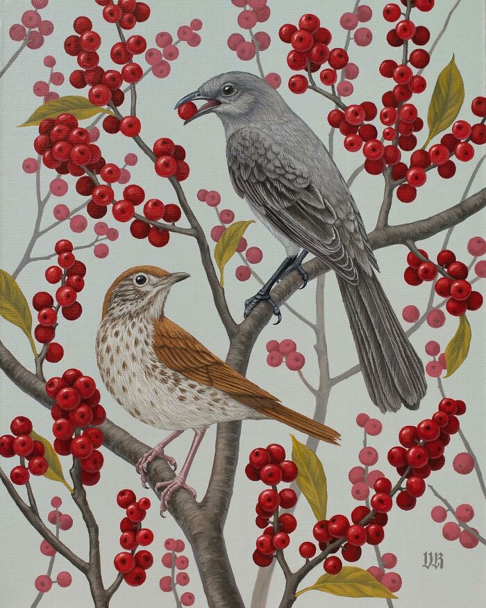 Two birds perched on branches with red berries and green leaves in a nature-inspired painting by Vasilisa Romanenko.