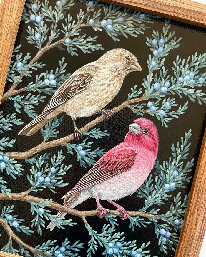 Two birds perched on branches with blue berries in a detailed nature-inspired painting by Vasilisa Romanenko.