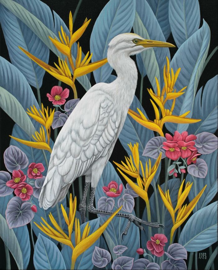 White heron among colorful tropical flowers and leaves in a beautiful nature-inspired painting by Vasilisa Romanenko