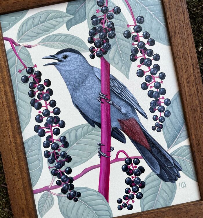 Detailed nature-inspired painting of a gray bird perched on a vibrant berry-filled branch by Vasilisa Romanenko.