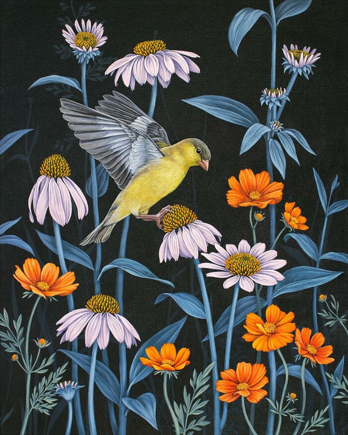 Yellow bird perched on purple and orange flowers in a detailed nature-inspired painting by Vasilisa Romanenko.