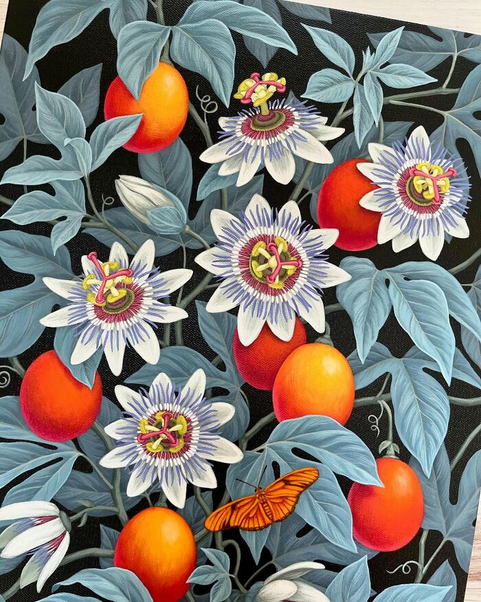 Nature-inspired painting of vibrant passion flowers, orange fruits, and a butterfly among blue leaves.