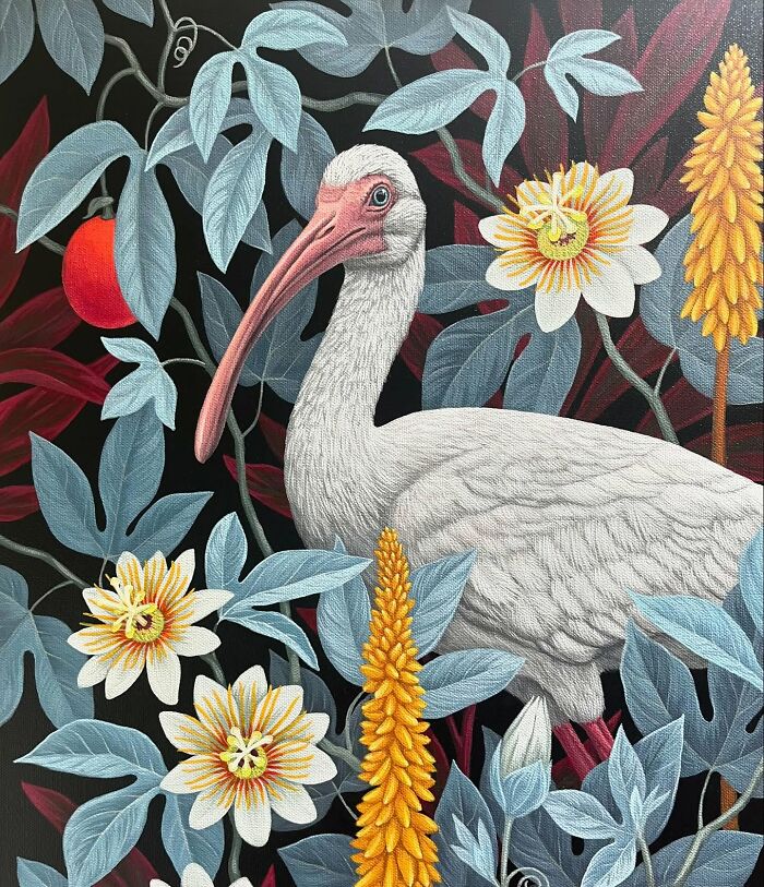 White ibis bird surrounded by detailed nature-inspired flowers and leaves in a colorful painting style.