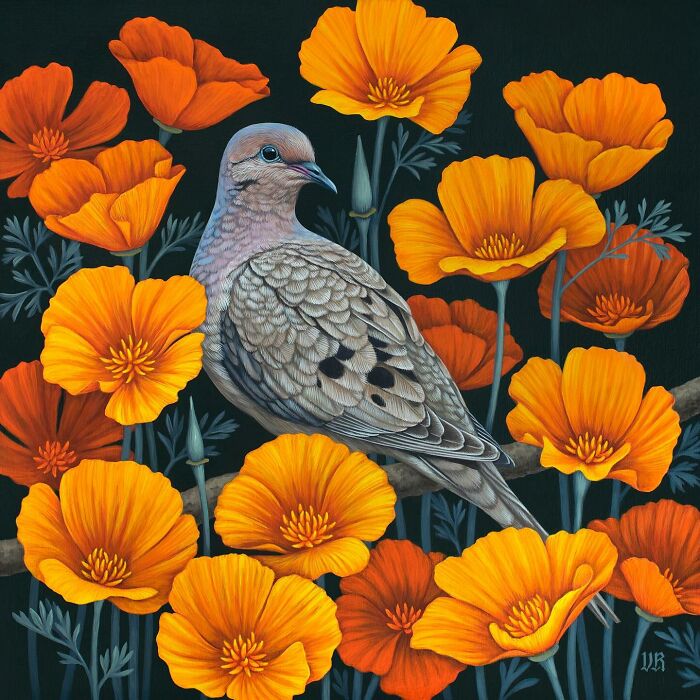 Nature-inspired painting of a detailed dove perched on a branch surrounded by vibrant orange and yellow flowers.