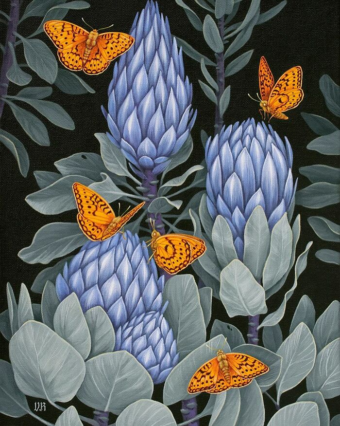 Orange butterflies on blue flowers with grey leaves in a detailed nature-inspired painting by Vasilisa Romanenko
