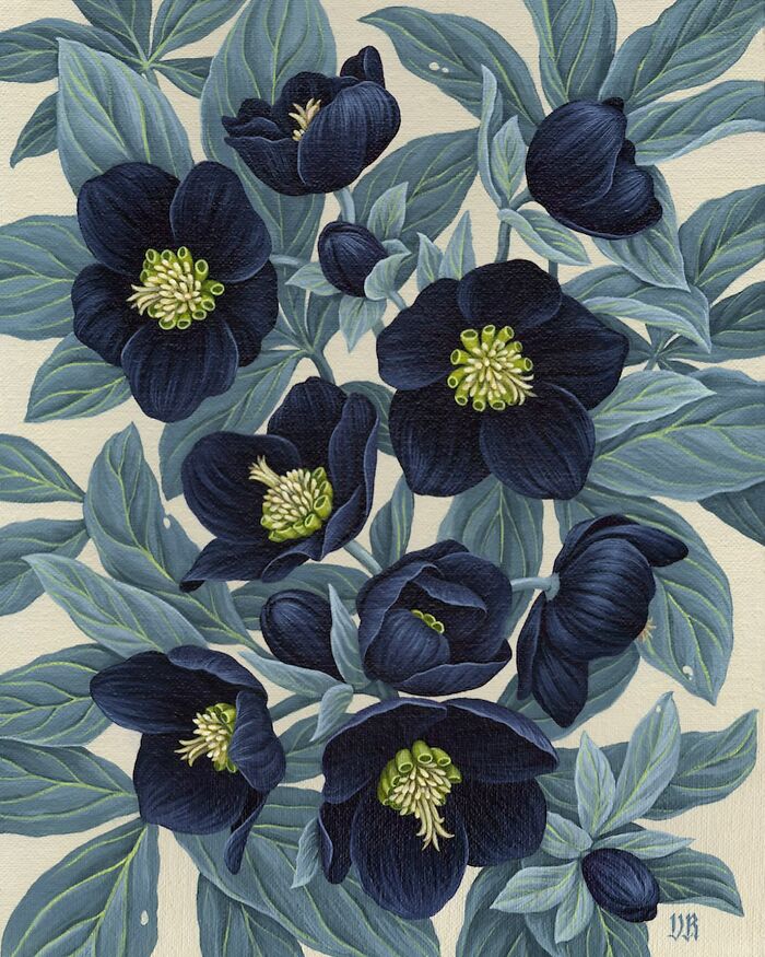 Dark blue flowers with green centers surrounded by detailed blue-green leaves in a nature-inspired painting by Vasilisa Romanenko.