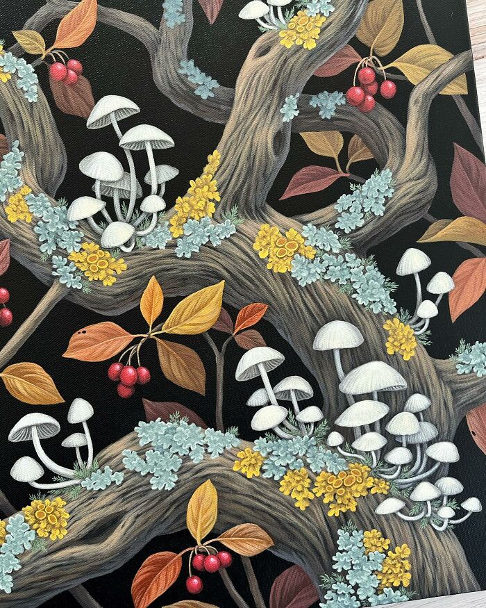 Nature-inspired painting featuring mushrooms, colorful leaves, and textured tree branches by Vasilisa Romanenko.