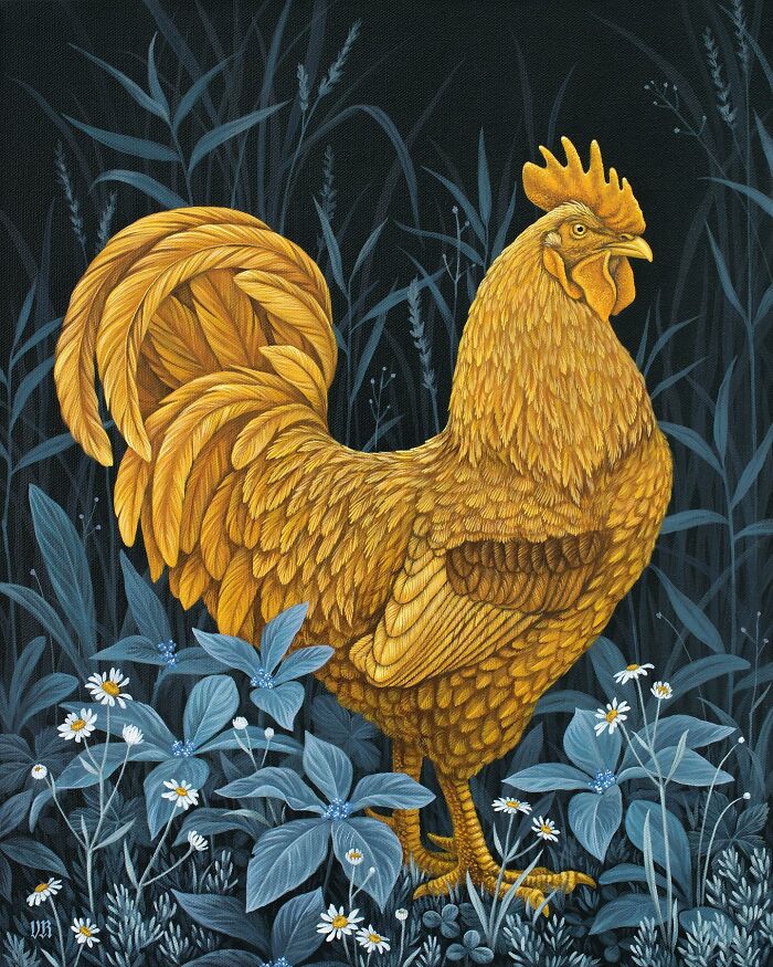 Golden rooster standing among blue leaves and white flowers in a nature-inspired painting by Vasilisa Romanenko.