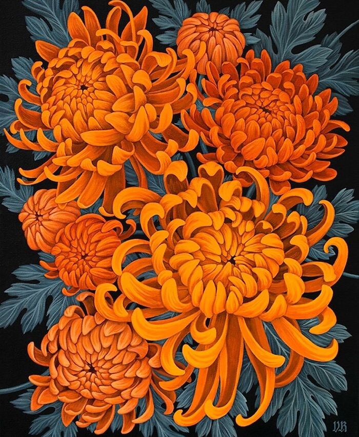 Vibrant orange flowers with detailed petals and gray-green leaves in a nature-inspired painting by Vasilisa Romanenko.
