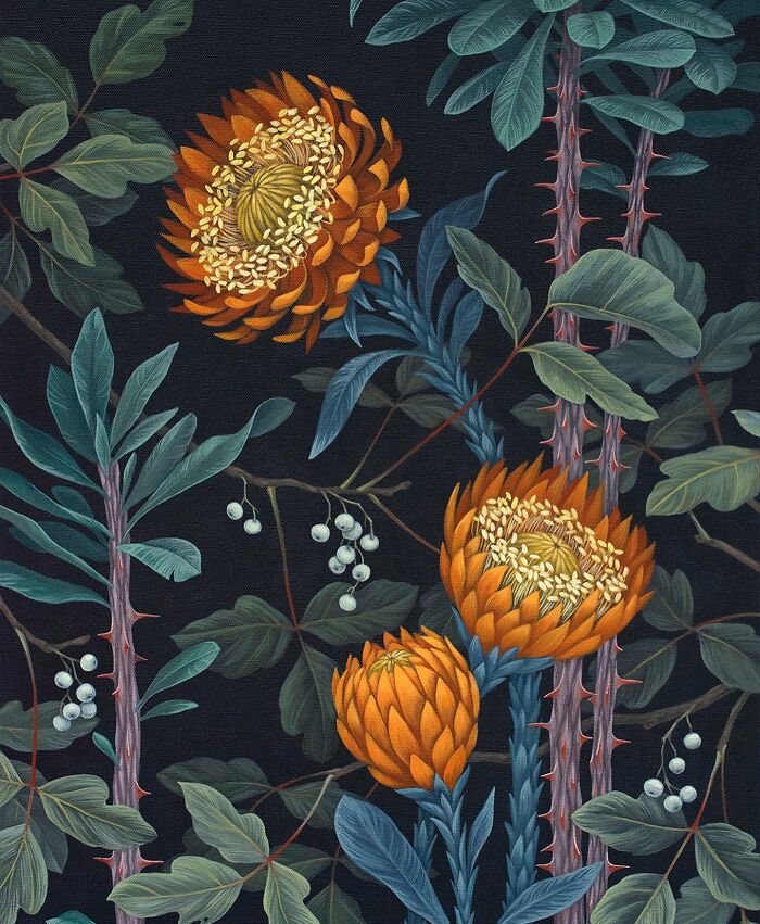 Detailed nature-inspired painting featuring vibrant orange flowers and lush green leaves on a dark background by Vasilisa Romanenko.