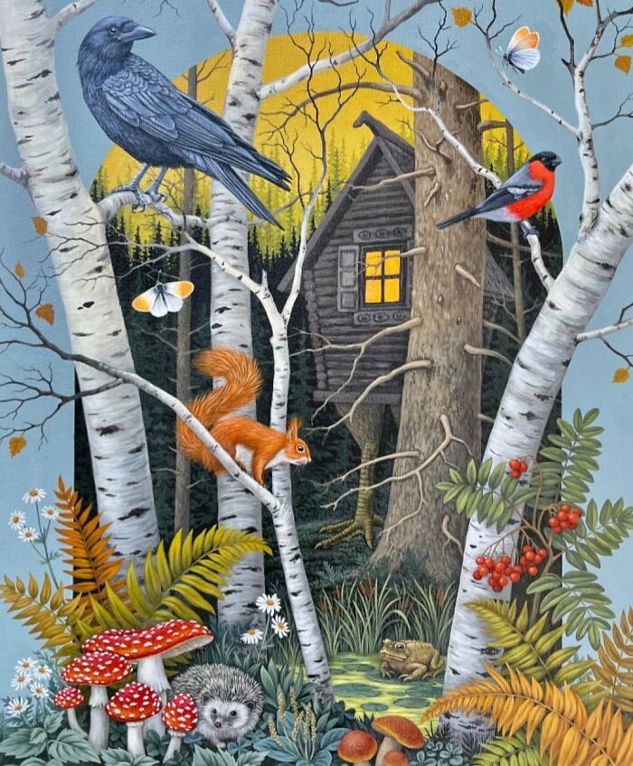 Nature-inspired painting with birds, squirrel, hedgehog, and forest cabin surrounded by birch trees and mushrooms.