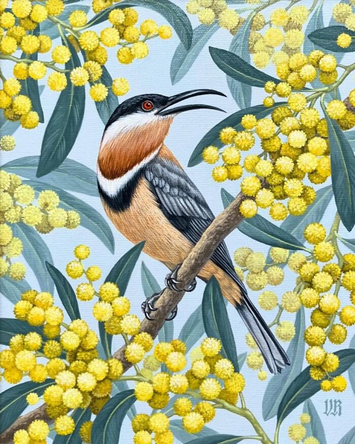 Nature-inspired painting of a detailed bird perched on a branch with yellow blossoms by Vasilisa Romanenko