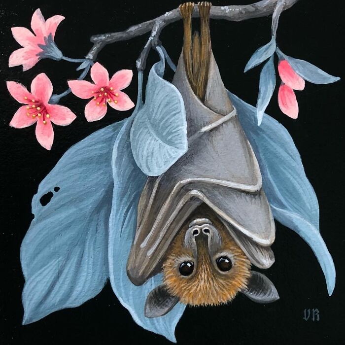Painting of a bat hanging from a branch with pink flowers, a nature-inspired artwork by Vasilisa Romanenko.