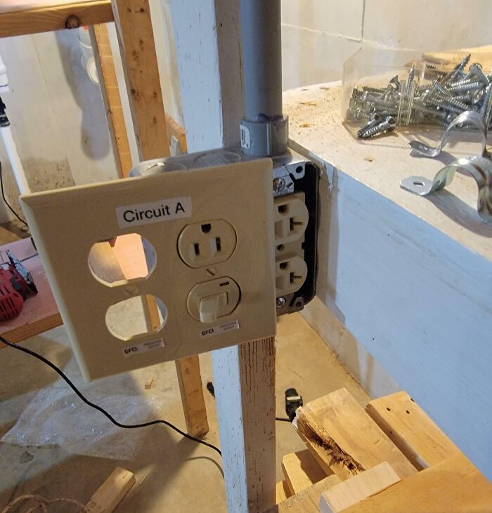 Exposed electrical outlets with a loose cover in a basement showing infuriating landlord repairs and landlord specials.