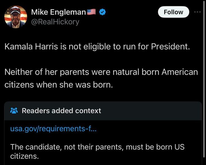 Tweet by Mike Engleman claiming Kamala Harris is ineligible for President, highlighting ignorance of Americans on eligibility rules.