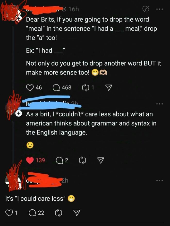 Social media thread highlighting humorous ignorance of Americans about English grammar and syntax.
